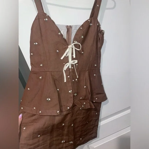 New Fanm Mon Helaina Floral Embroidered Bow Sweetheart Mini Dress🤎Small NWT!